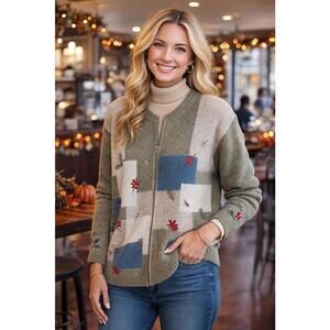 Croft & Barrow Women's XL Beige Sage Blue Red Patchwork Fall Leaf Zip Sweater